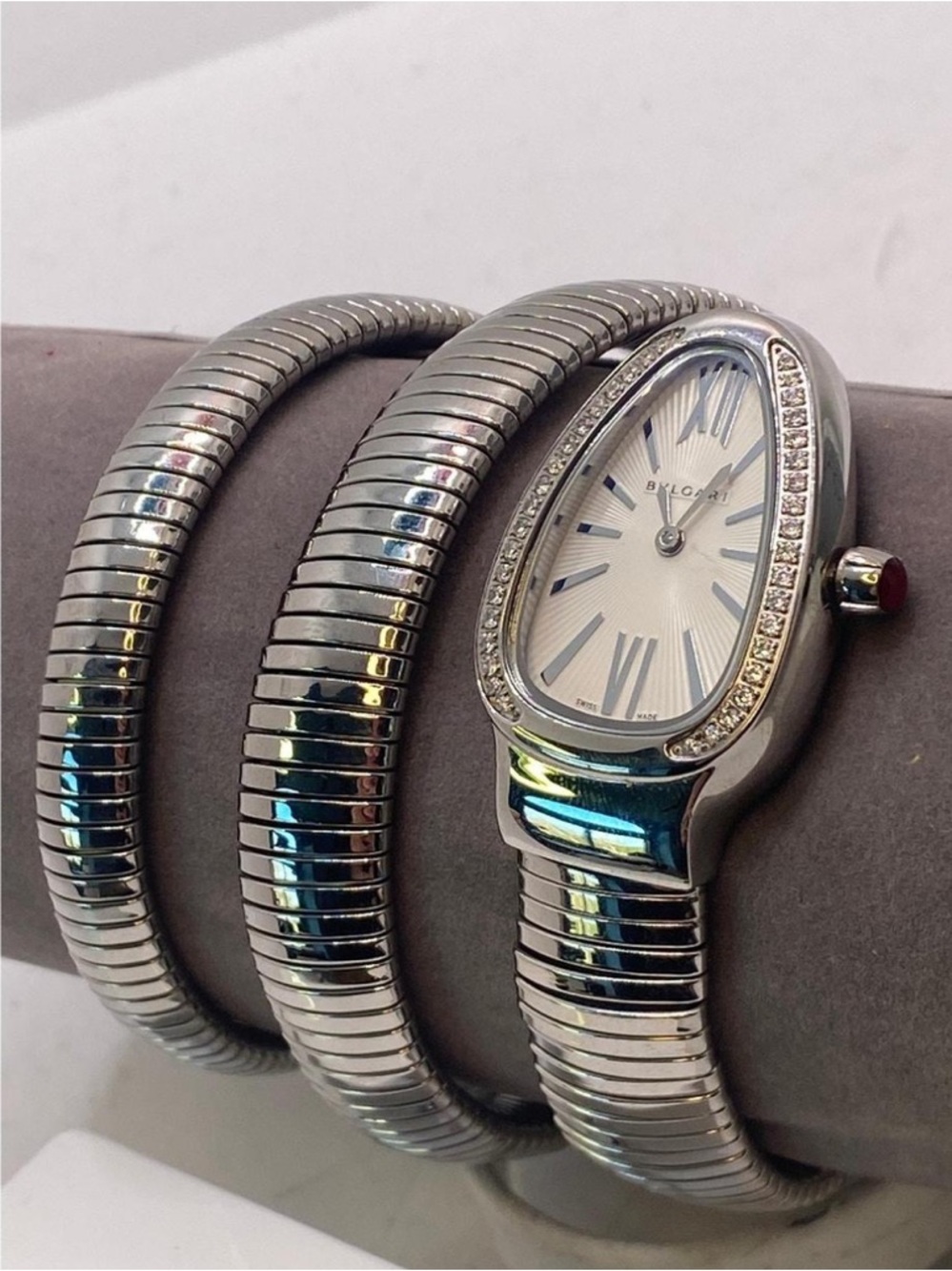 Silver Serpenti Tubogas Watch with Diamond Bezel
